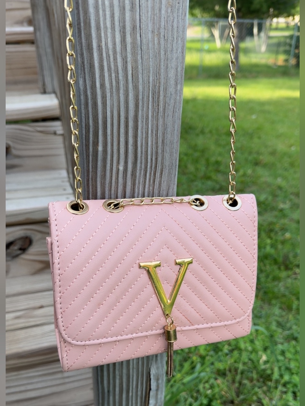 Pink Quilted Crossbody Bag Gold Chain Strap V Accent Purse